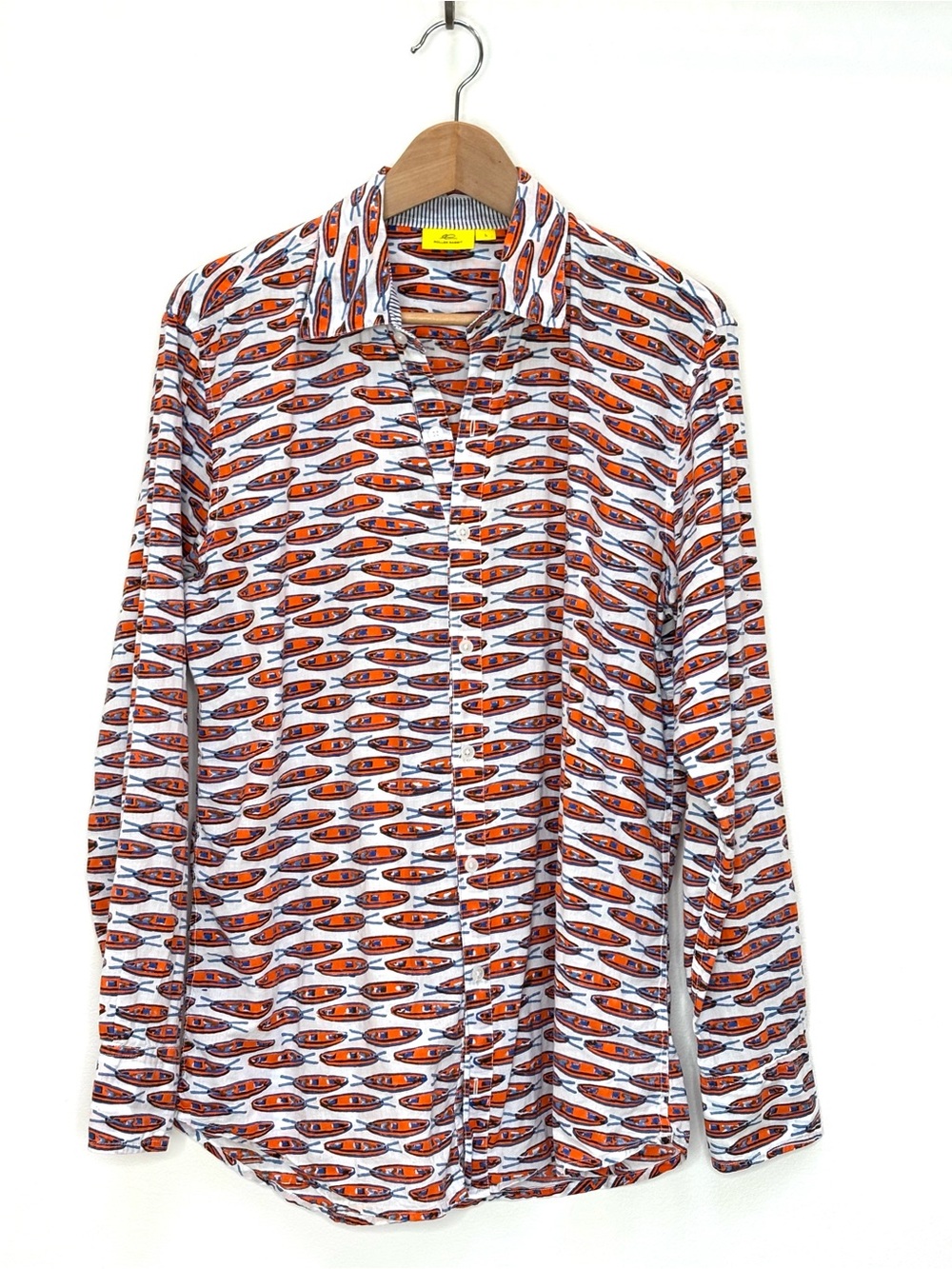 Roller Rabbit Block Print Button Down Shirt Mens Large Kayak Canoe Print Cotton